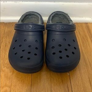 fuzzy navy blue crocs